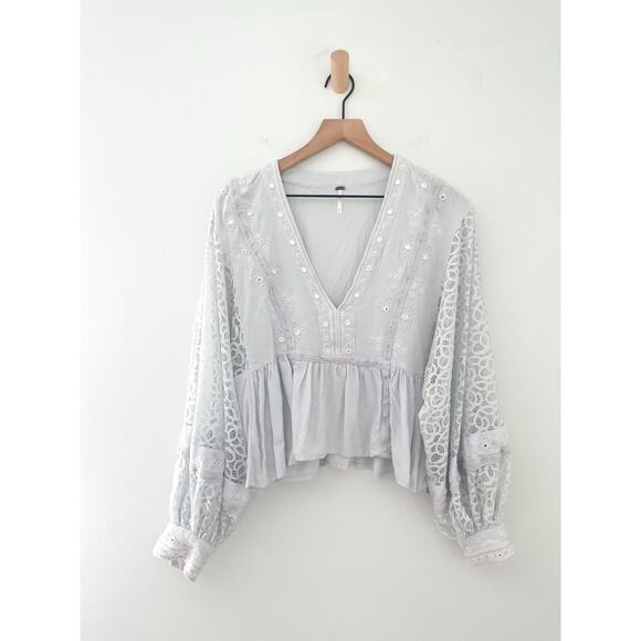 Free People Boogie All Night Eyelet Top Medium Silver Gray Balloon Sleeve Boho - Picture 3 of 11